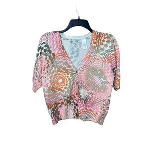 LIZ & CO women’s petite large short sleeve cardigan sweater pink orange tan